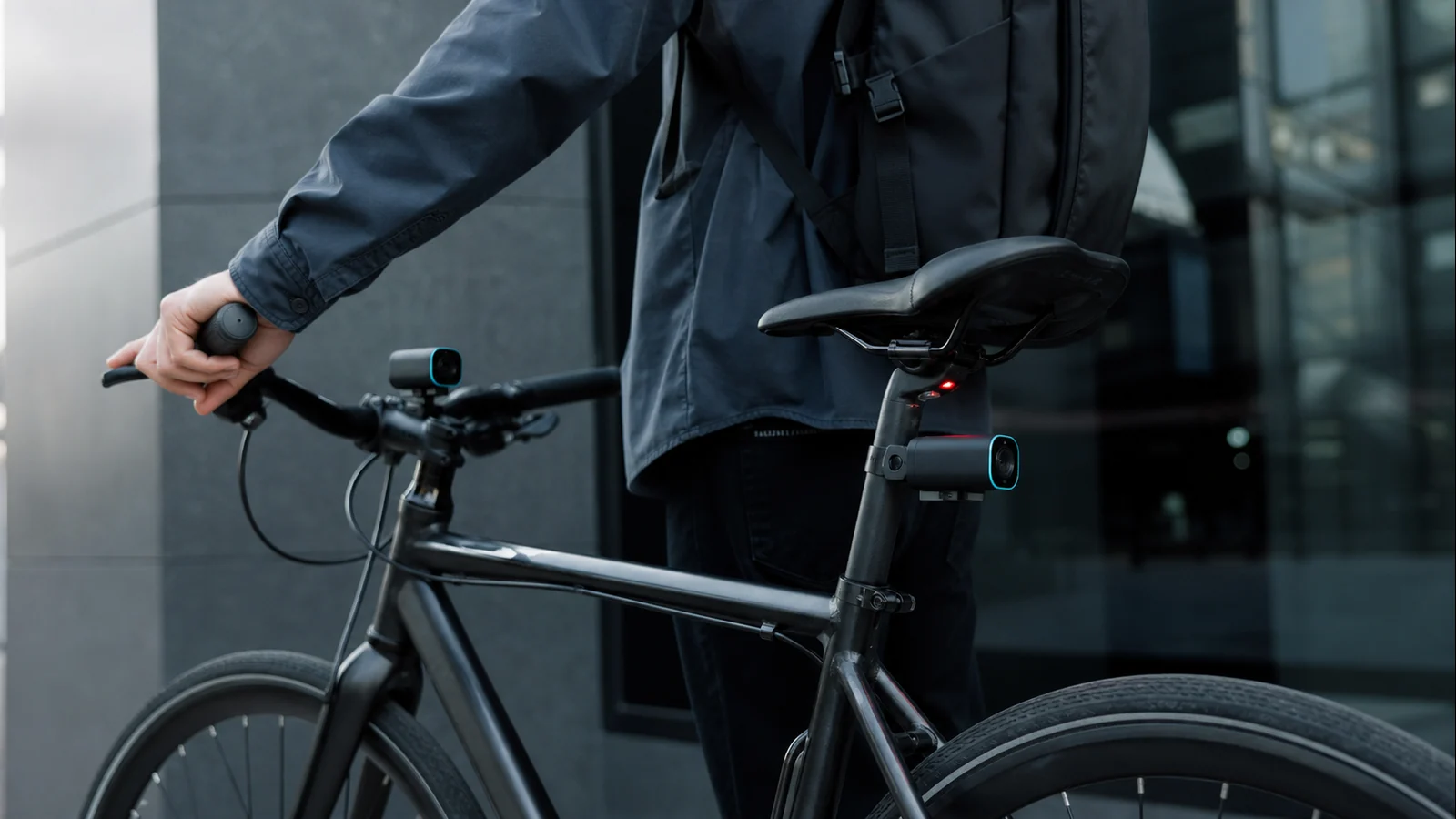 Mise en situation éditoriale d'un caméras vélo avant et arrière dans son contexte d'usage professionnel