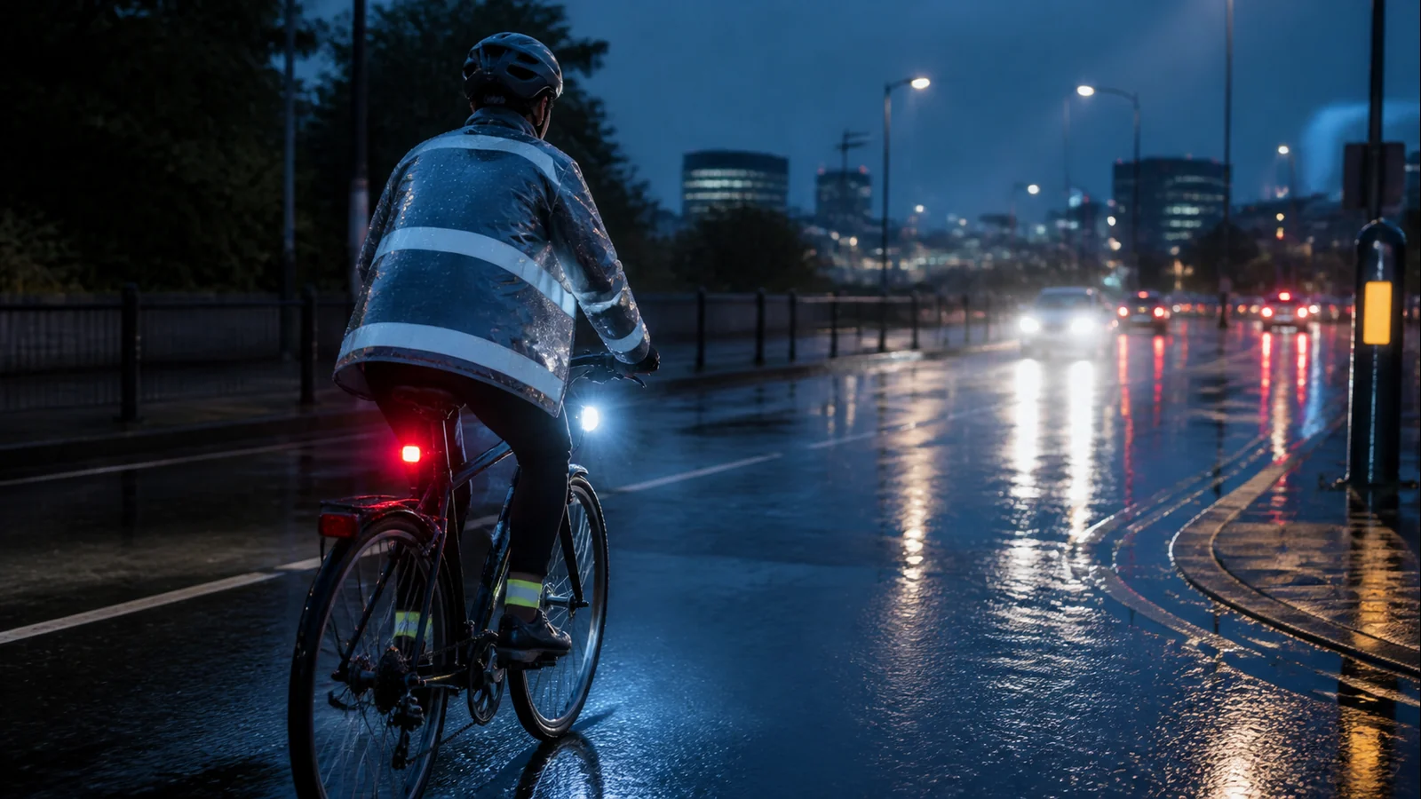 Mise en situation éditoriale d'un kit visibilité pluie à vélo dans son contexte d'usage professionnel