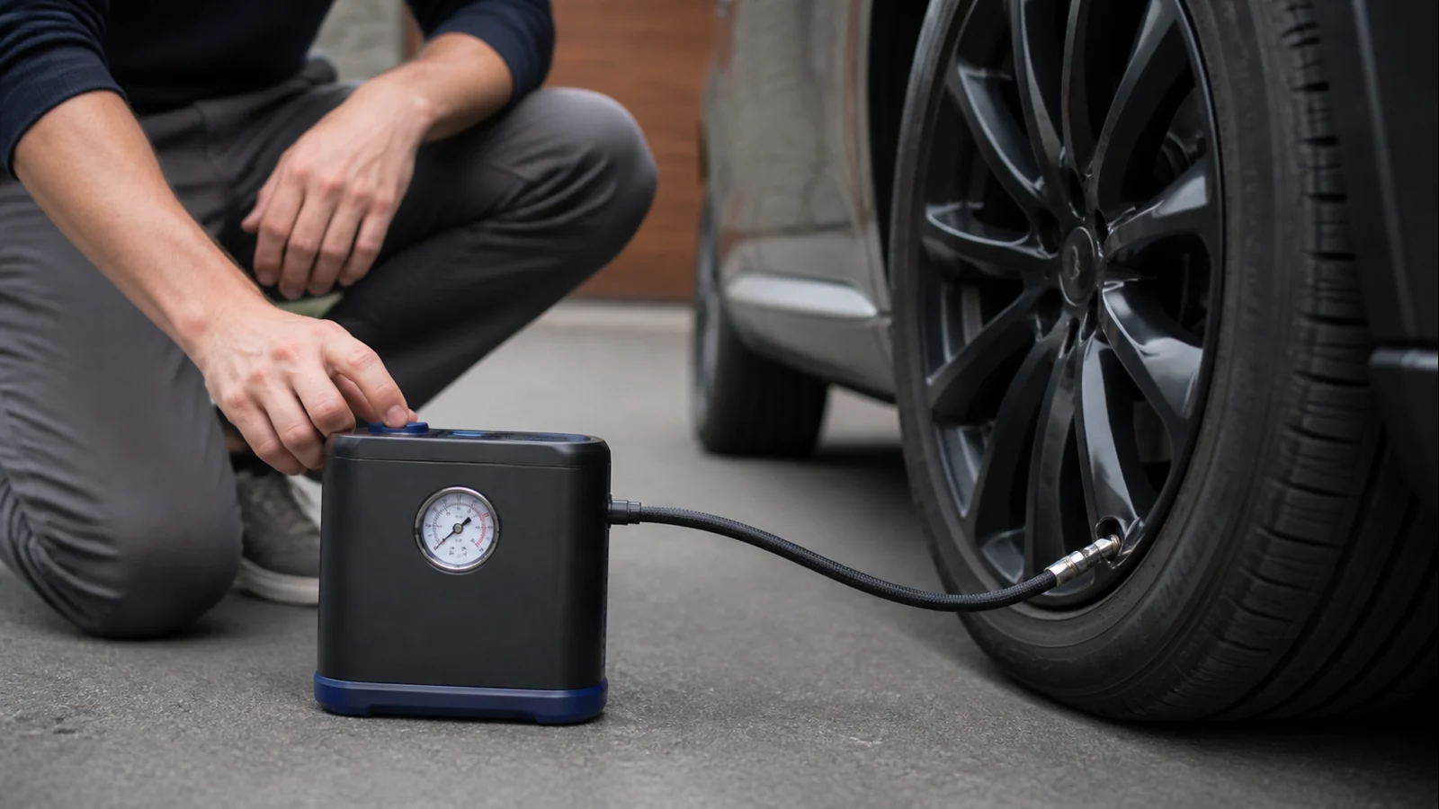 Mise en situation éditoriale d'un compresseur de pneu portable dans son contexte d'usage professionnel