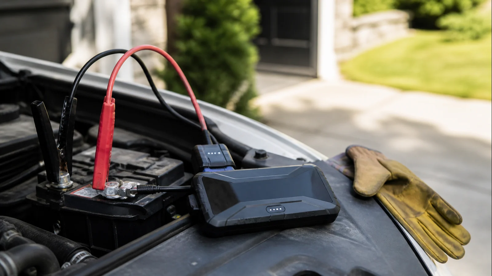 Mise en situation éditoriale d'un batterie de secours voiture dans son contexte d'usage professionnel