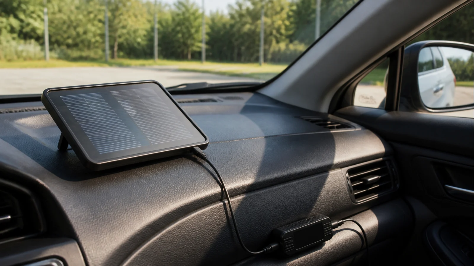 Mise en situation éditoriale d'un chargeur solaire voiture dans son contexte d'usage professionnel