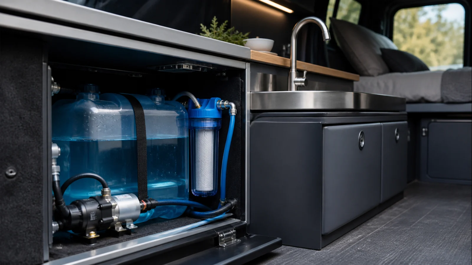 Mise en situation éditoriale d'un kit eau vanlife dans son contexte d'usage professionnel