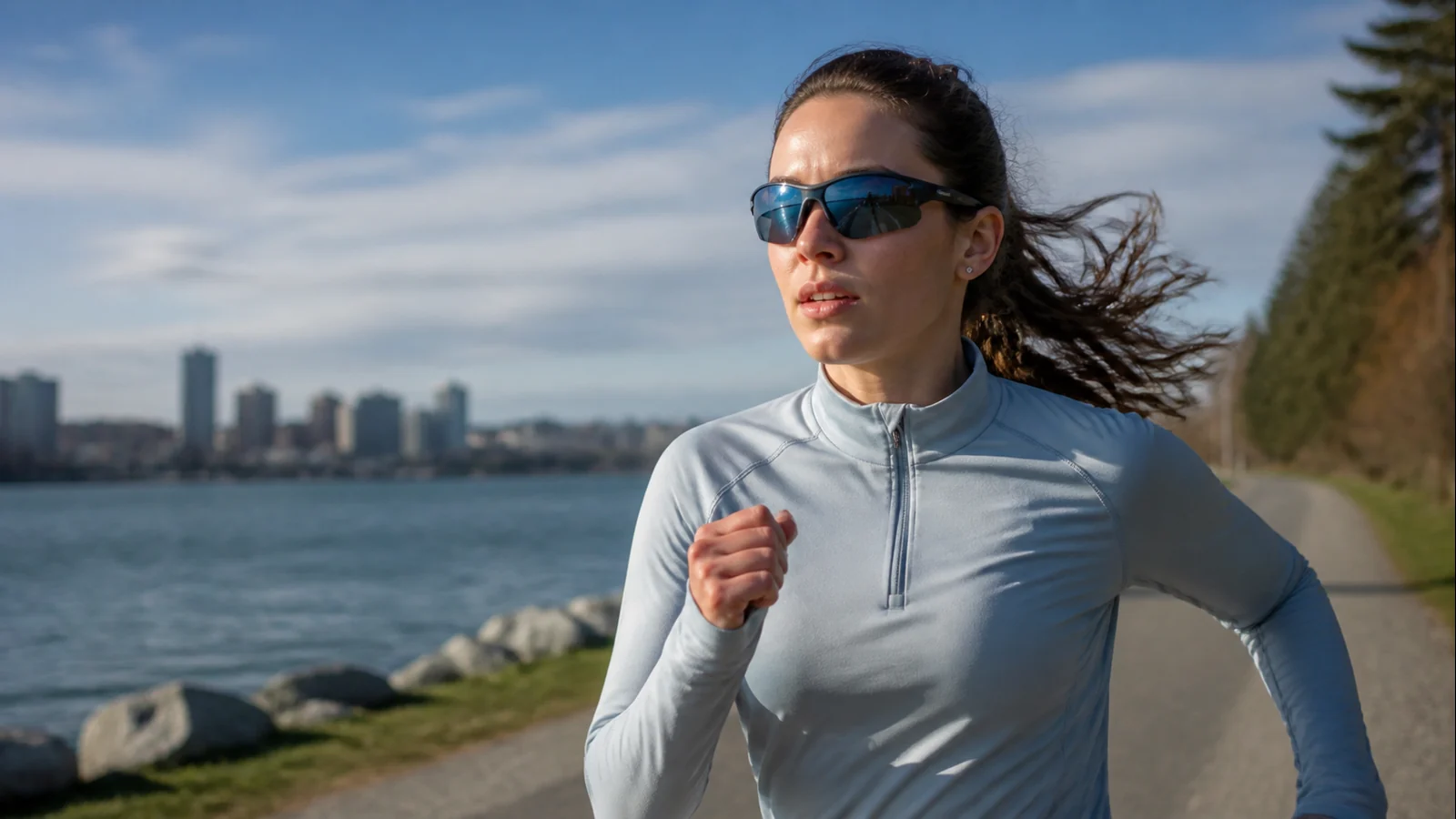Mise en situation éditoriale d'un lunettes de running à affichage tête haute dans son contexte d'usage professionnel
