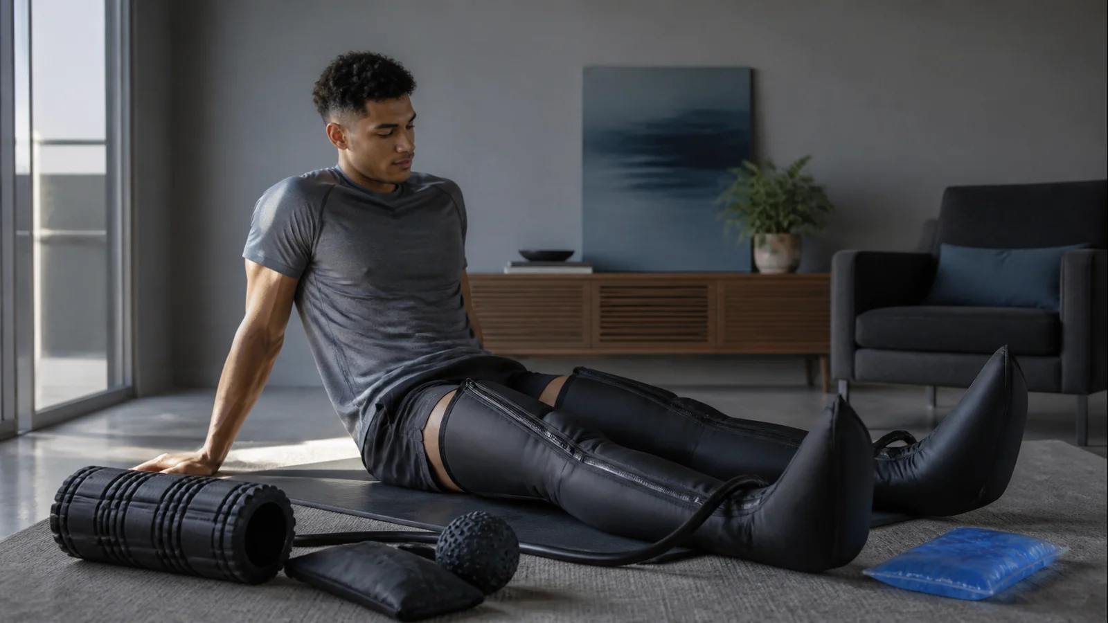 Mise en situation éditoriale d'un kit de récupération musculaire dans son contexte d'usage professionnel