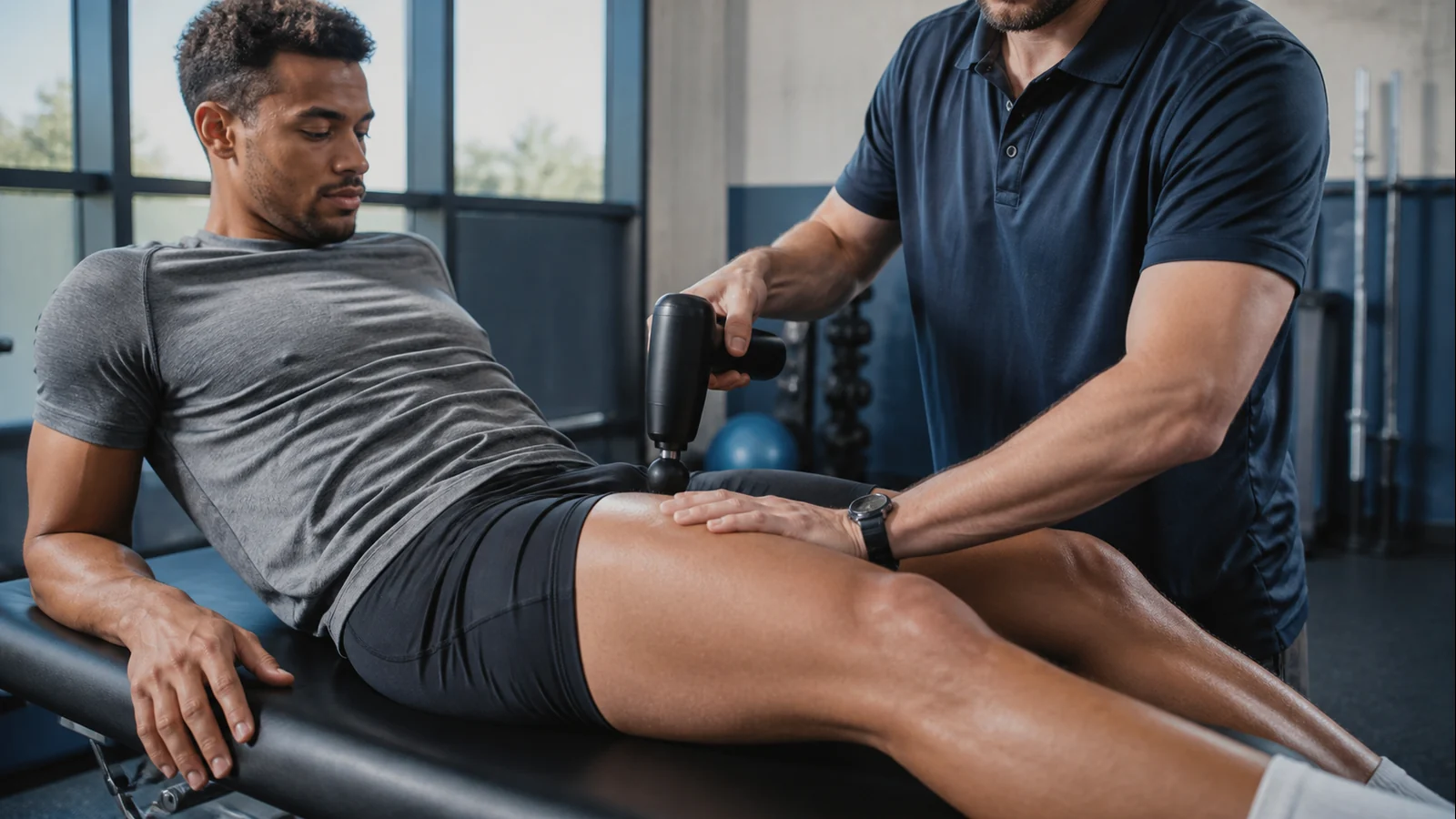 Mise en situation éditoriale d'un pistolet de massage dans son contexte d'usage professionnel