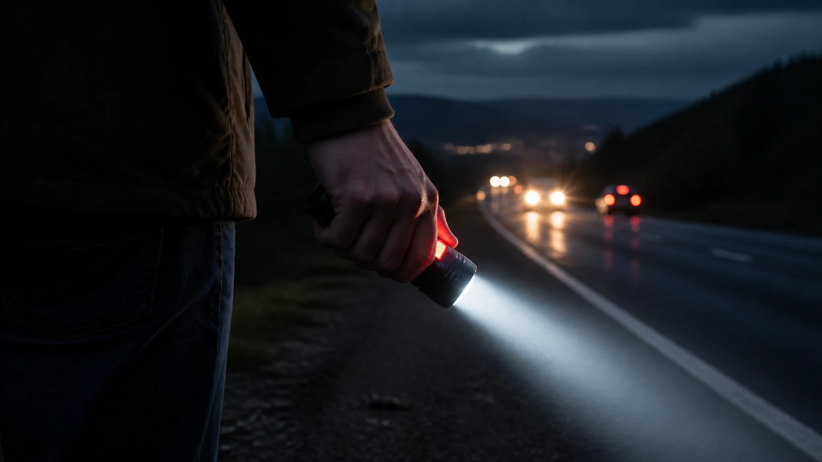 Mise en situation éditoriale d'un lampe torche avec alarme dans son contexte d'usage professionnel