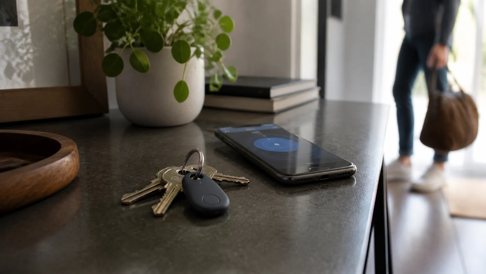 Mise en situation éditoriale d'un tracker porte-clés dans son contexte d'usage professionnel