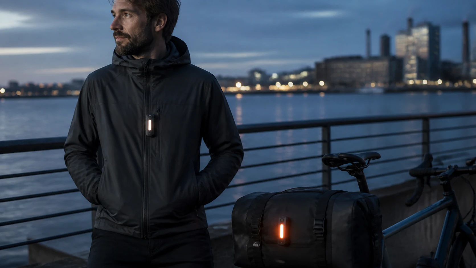 Mise en situation éditoriale d'un lampe vélo et piéton dans son contexte d'usage professionnel