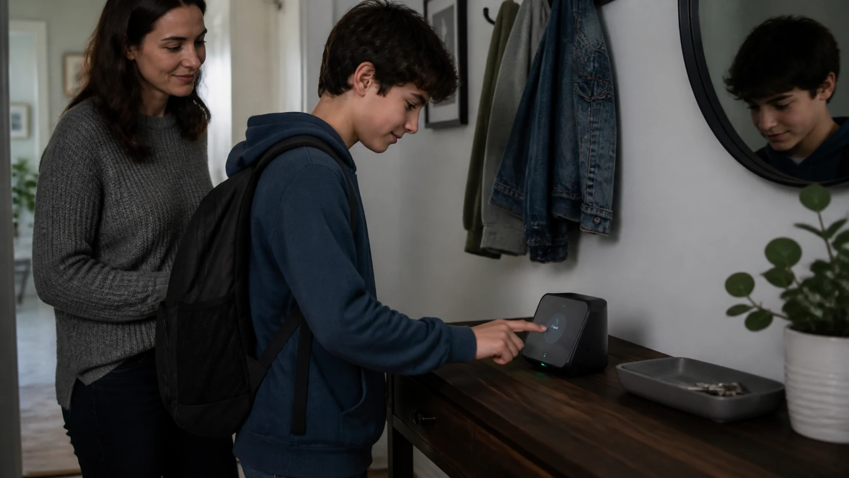 Mise en situation éditoriale d'un boîtier de check-in famille dans son contexte d'usage professionnel