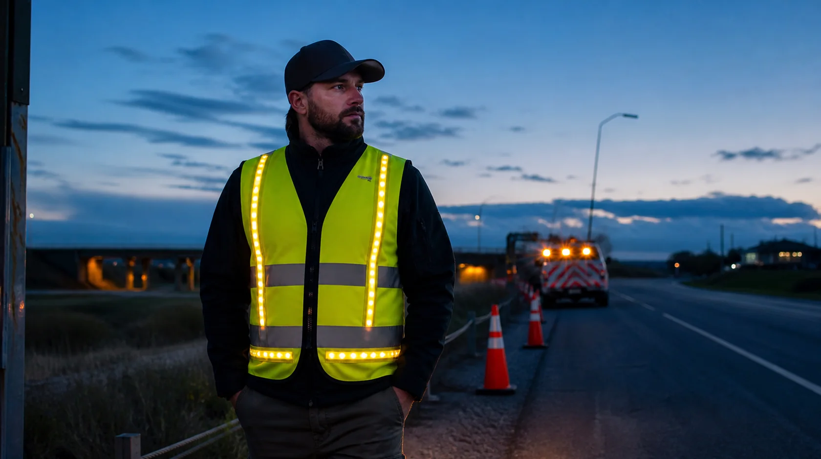 Mise en situation éditoriale d'un gilet haute visibilité led dans son contexte d'usage professionnel