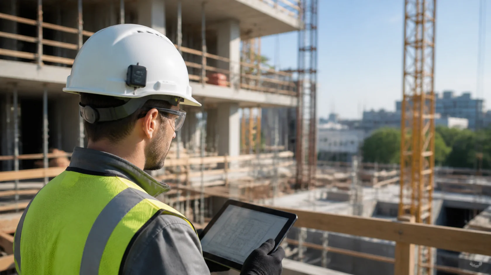 Mise en situation éditoriale d'un casque connecté chantier dans son contexte d'usage professionnel