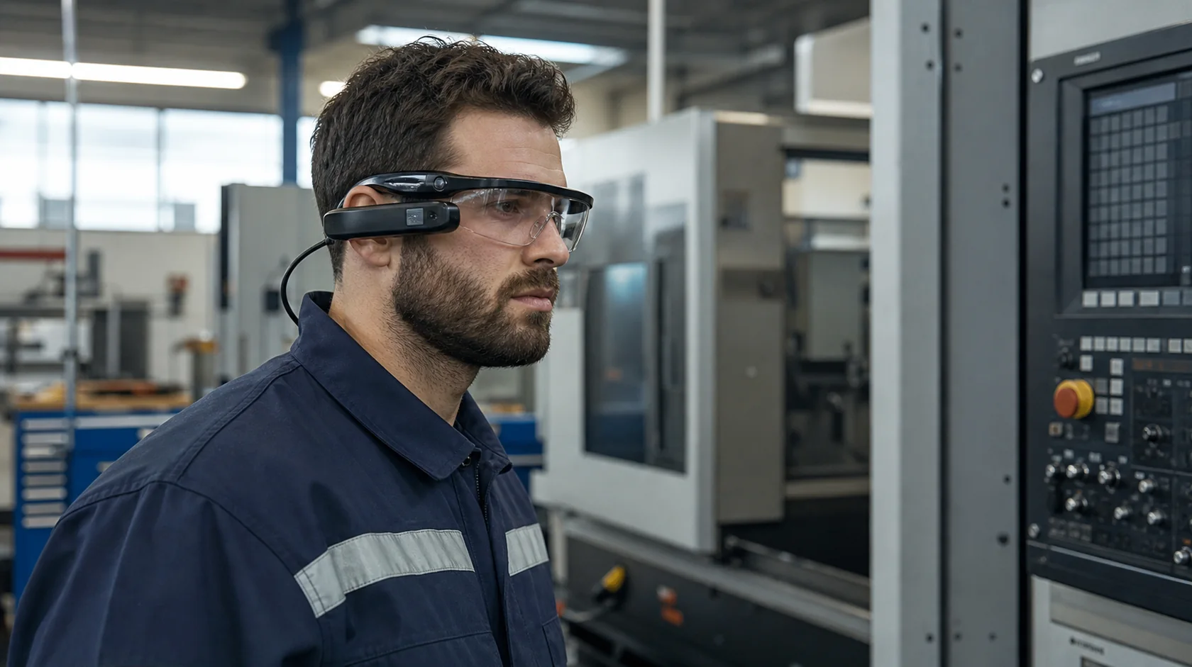 Mise en situation éditoriale d'un lunettes de protection connectées dans son contexte d'usage professionnel