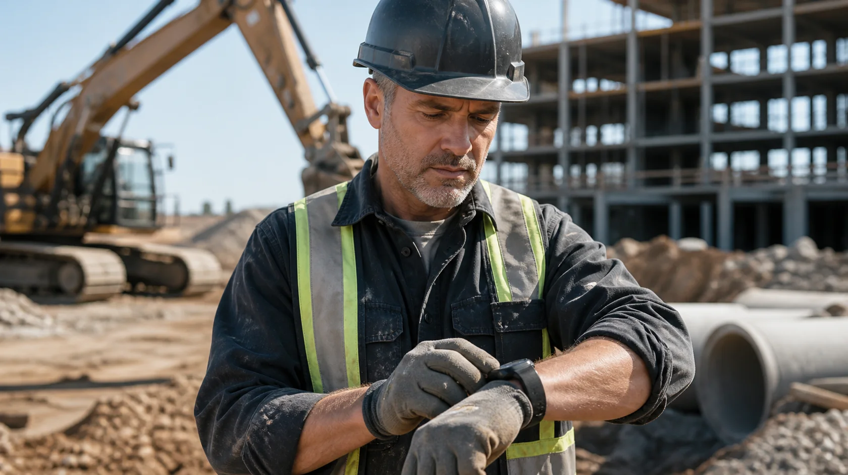 Mise en situation éditoriale d'un montre robuste de chantier dans son contexte d'usage professionnel