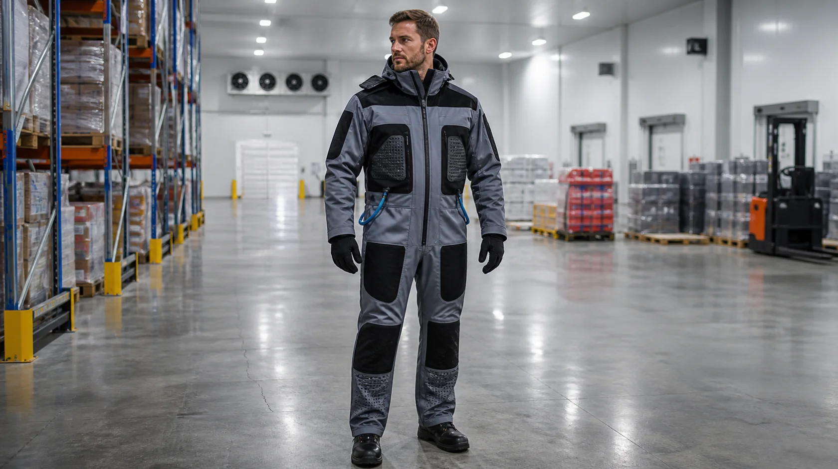 Mise en situation éditoriale d'un vêtement chaud-froid actif dans son contexte d'usage professionnel