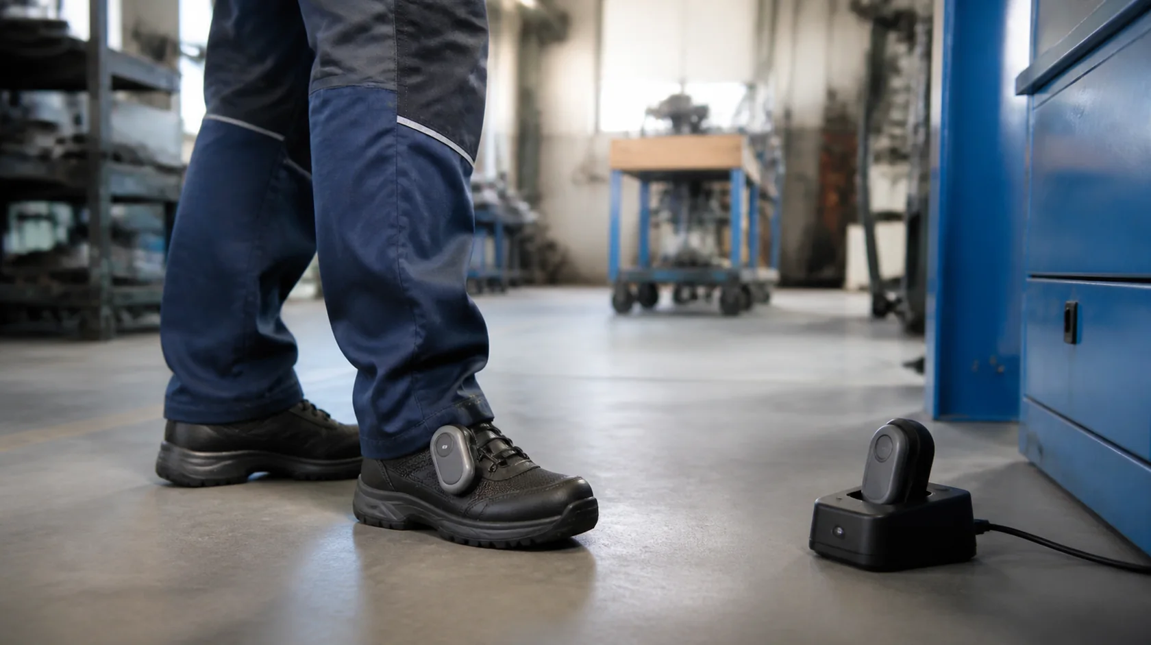 Mise en situation éditoriale d'un chaussure de sécurité avec capteur dans son contexte d'usage professionnel