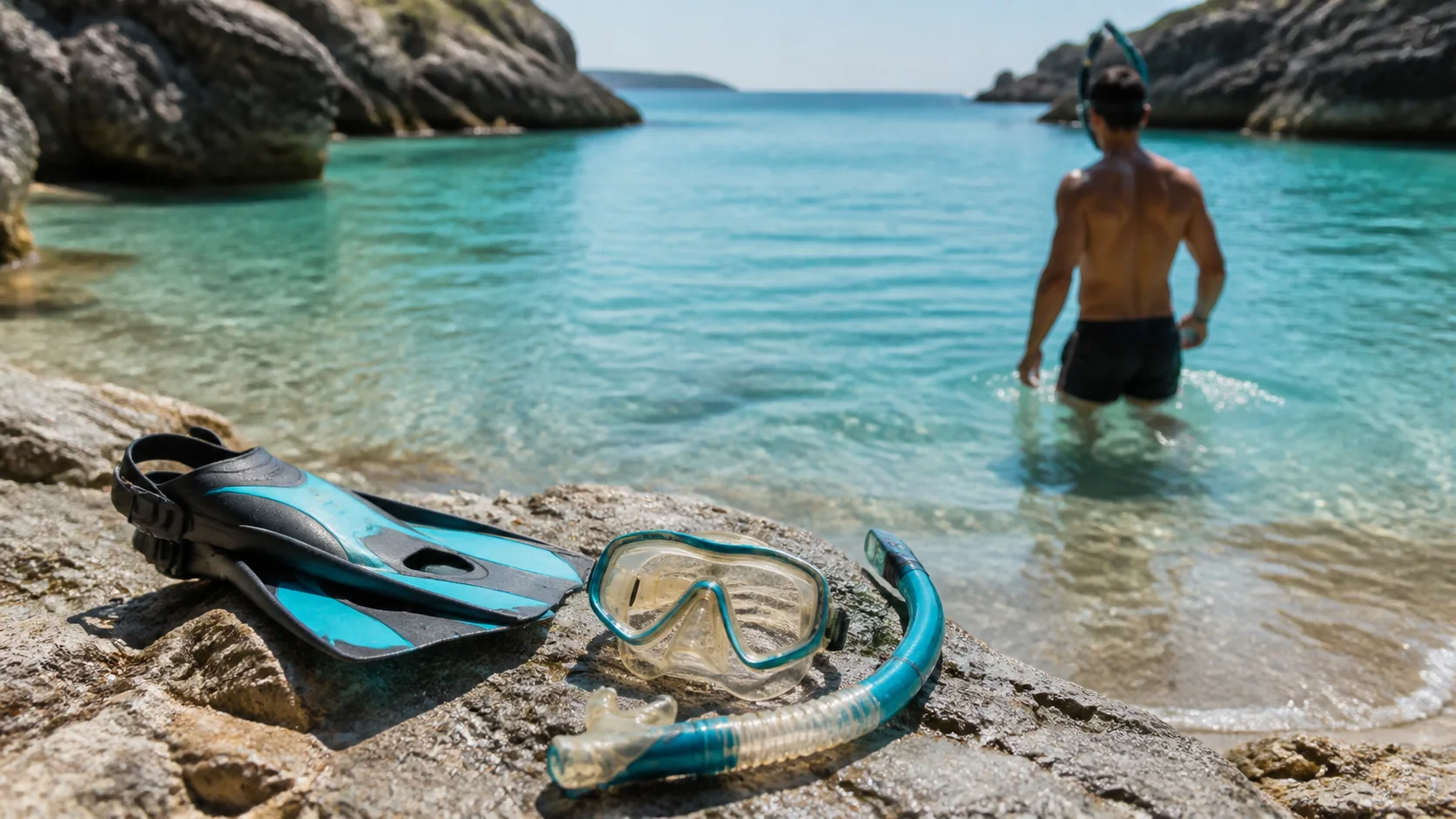 Mise en situation éditoriale d'un kit snorkeling léger dans son contexte d'usage professionnel