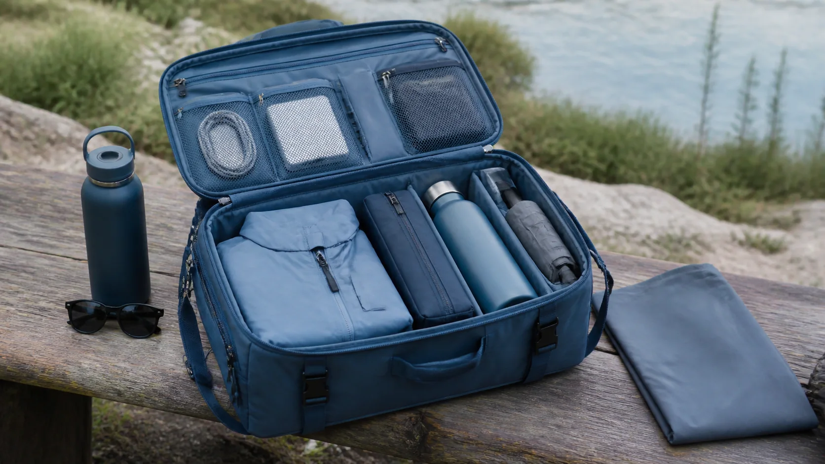 Mise en situation éditoriale d'un sac d’excursion organisé dans son contexte d'usage professionnel