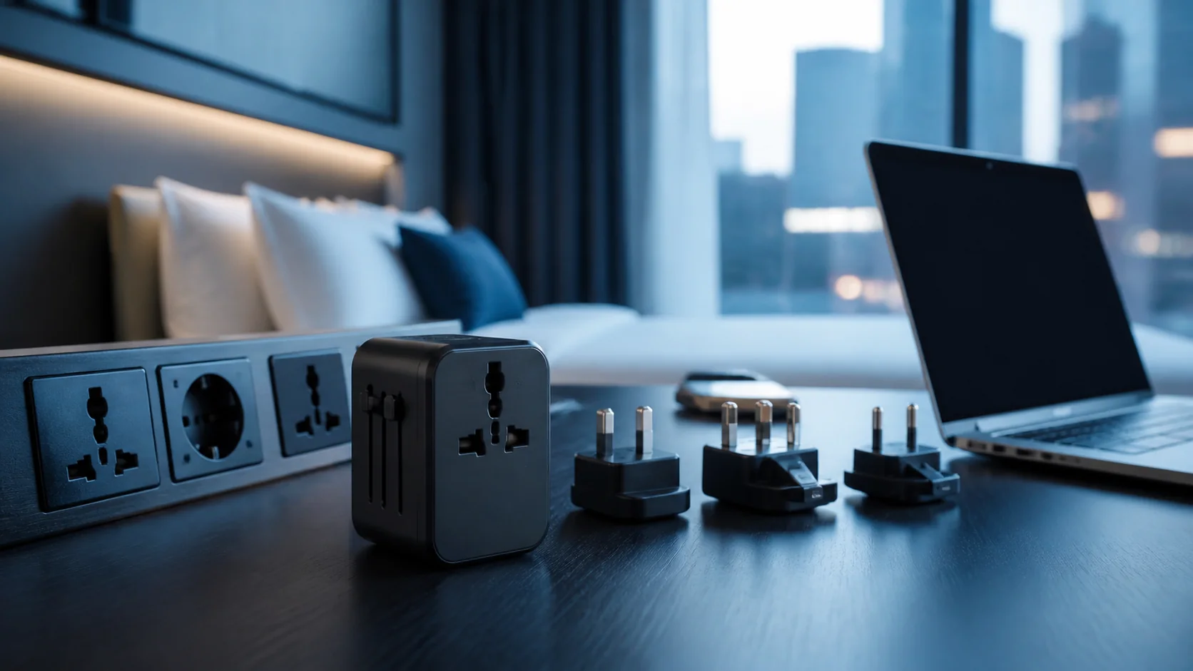 Mise en situation éditoriale d'un chargeur de voyage multi-pays dans son contexte d'usage professionnel