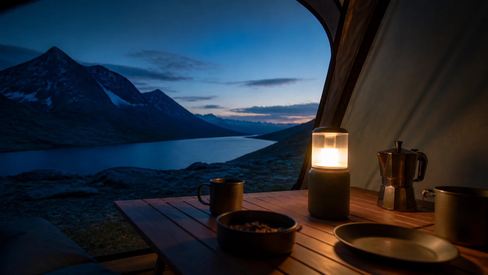 Mise en situation éditoriale d'un lampe de camping design dans son contexte d'usage professionnel