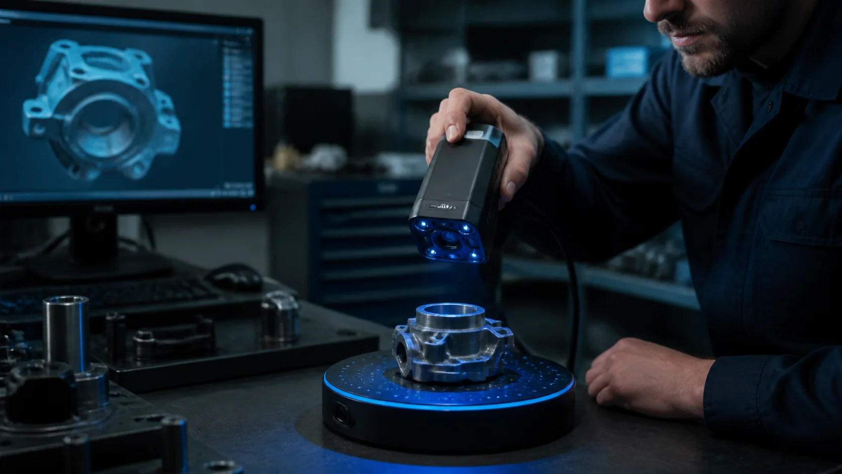 Mise en situation éditoriale d'un scanner de pièce 3d dans son contexte d'usage professionnel