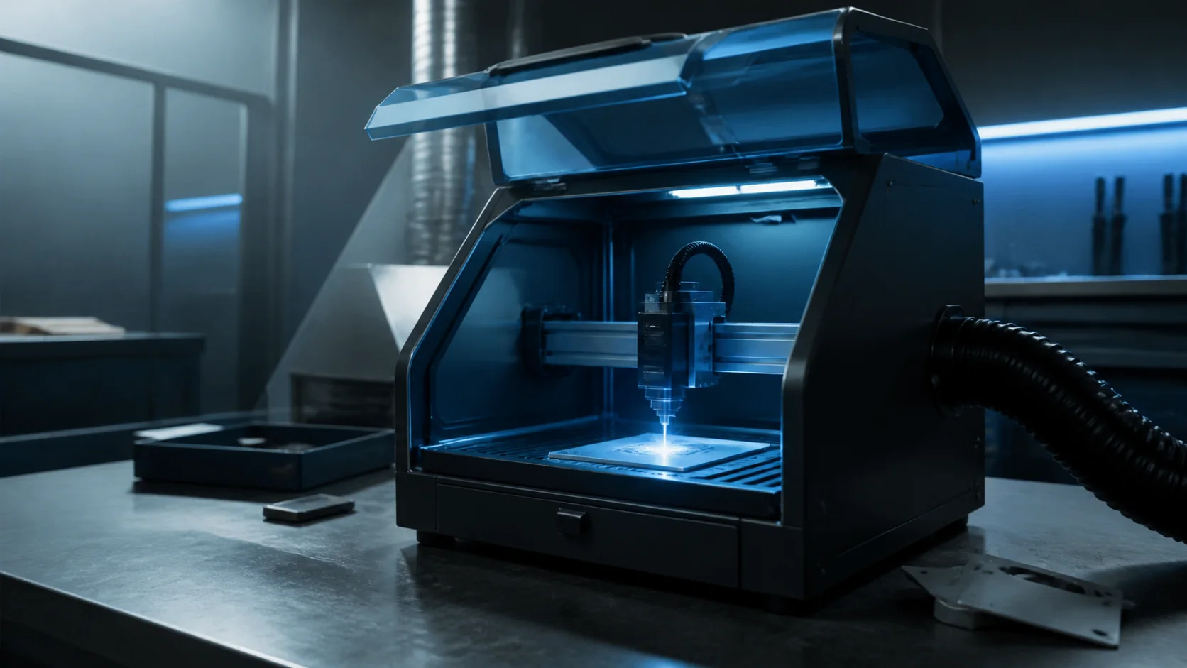 Mise en situation éditoriale d'un graveur laser compact dans son contexte d'usage professionnel