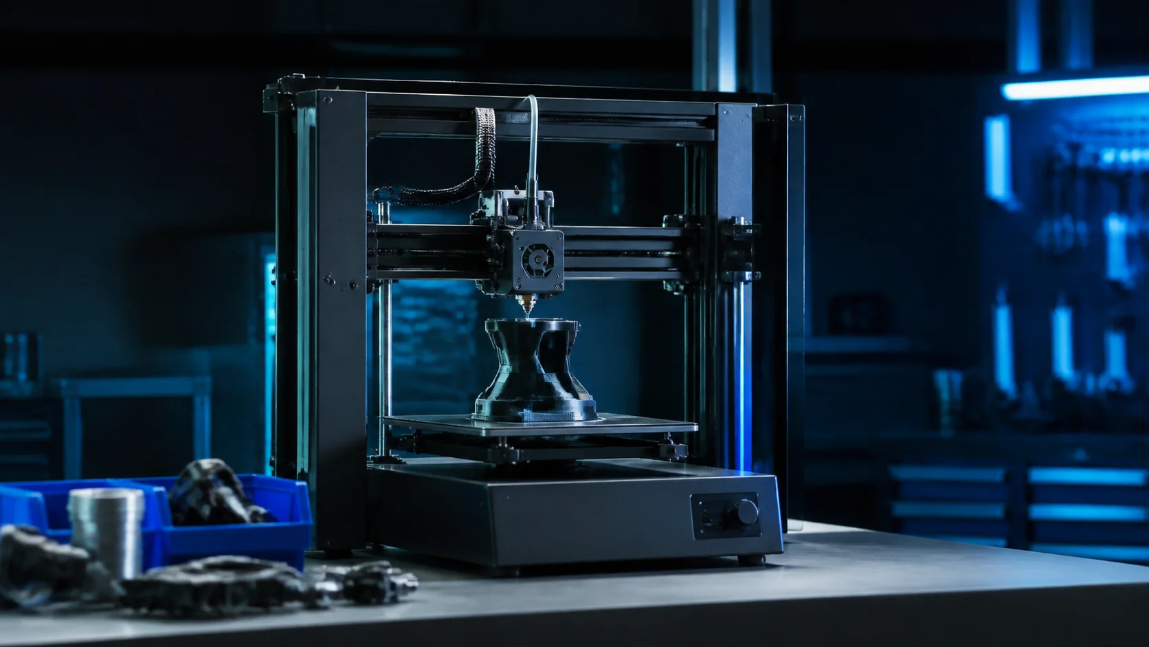 Mise en situation éditoriale d'un imprimante 3d d’atelier dans son contexte d'usage professionnel