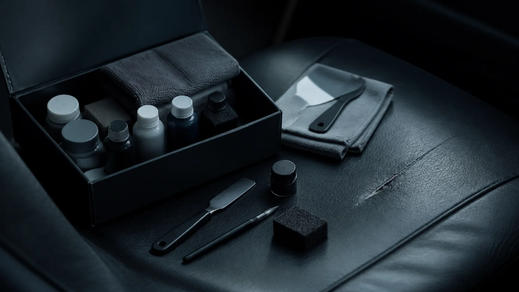 Mise en situation éditoriale d'un kit de réparation cuir dans son contexte d'usage professionnel
