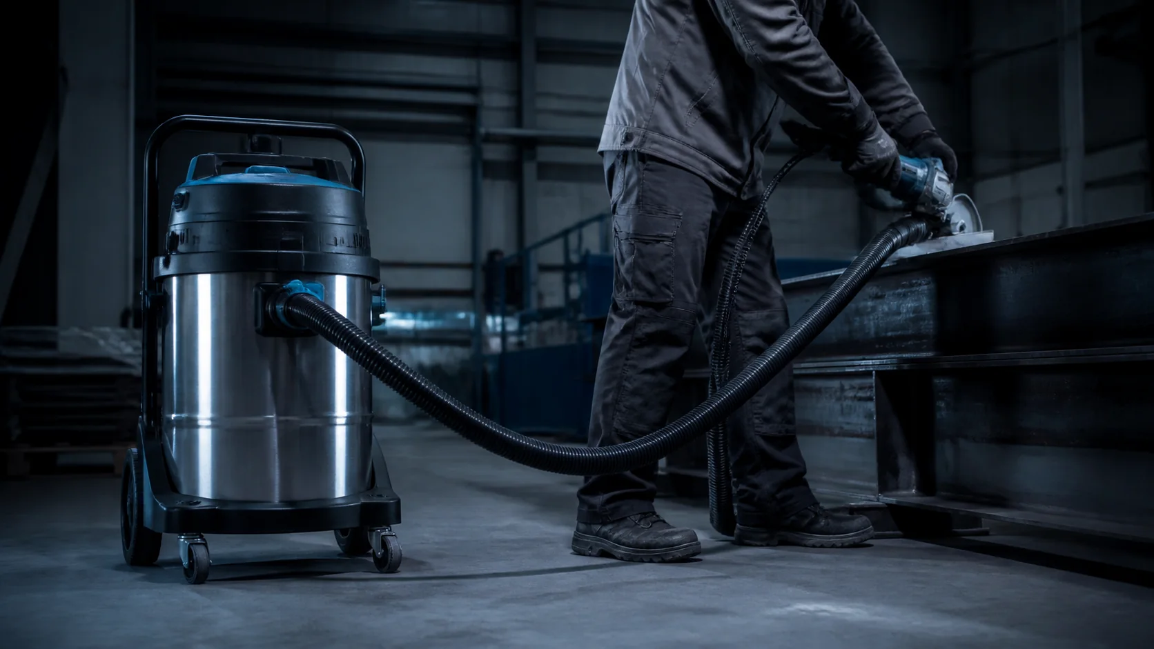 Mise en situation éditoriale d'un aspirateur de poussières d’atelier dans son contexte d'usage professionnel
