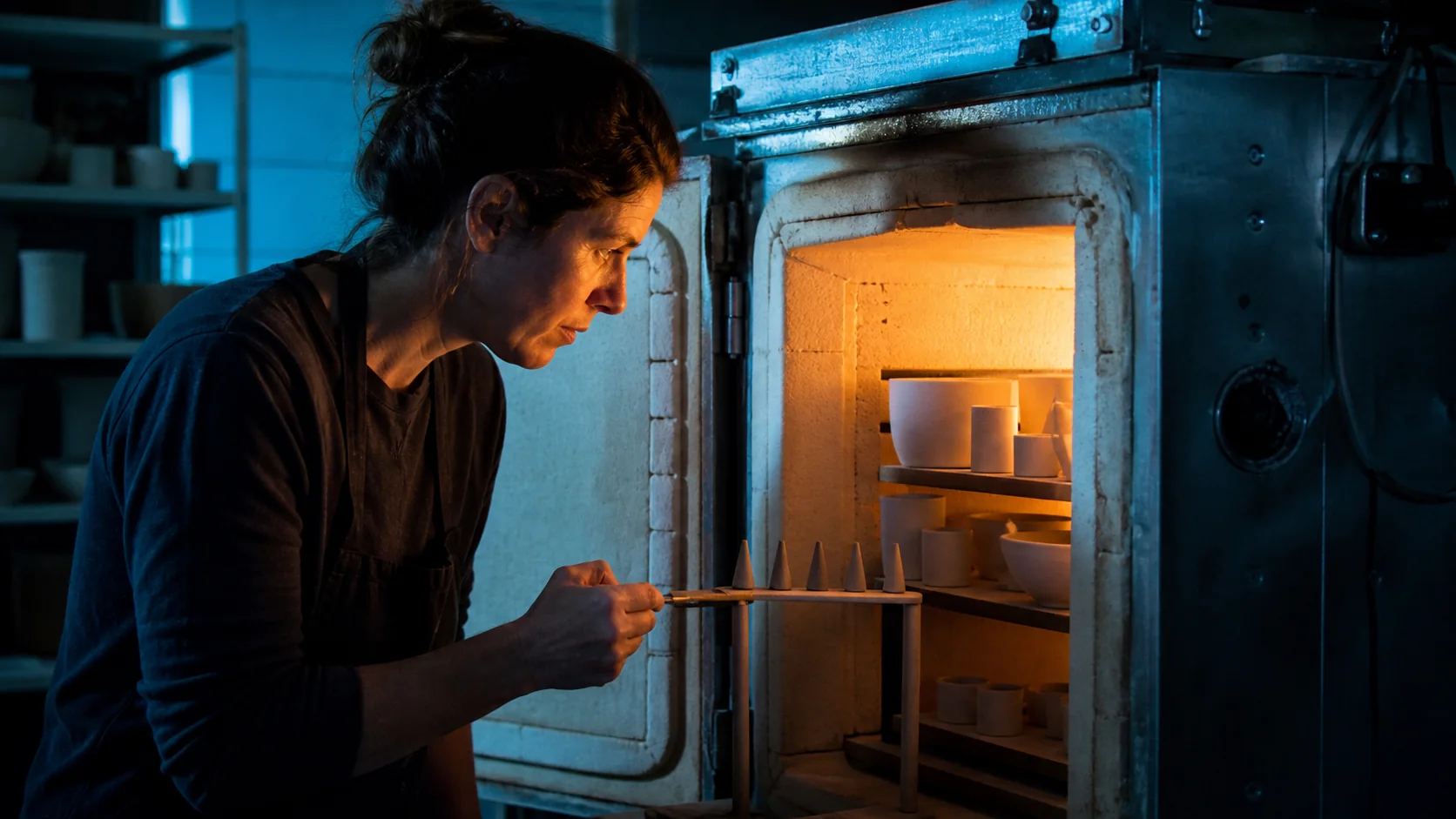 Mise en situation éditoriale d'un kit de contrôle de cuisson céramique dans son contexte d'usage professionnel