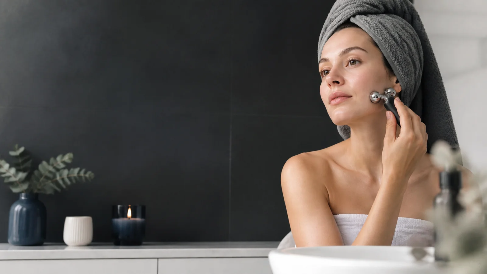 Mise en situation éditoriale d'un appareil de massage du visage dans son contexte d'usage professionnel