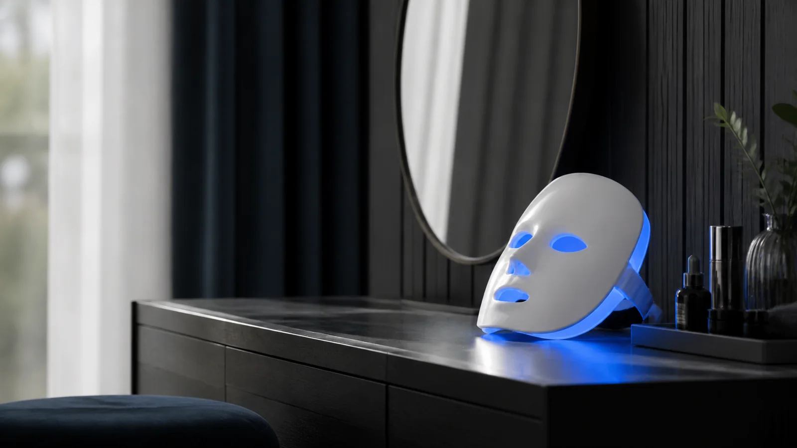 Mise en situation éditoriale d'un lampe led de soin de la peau dans son contexte d'usage professionnel