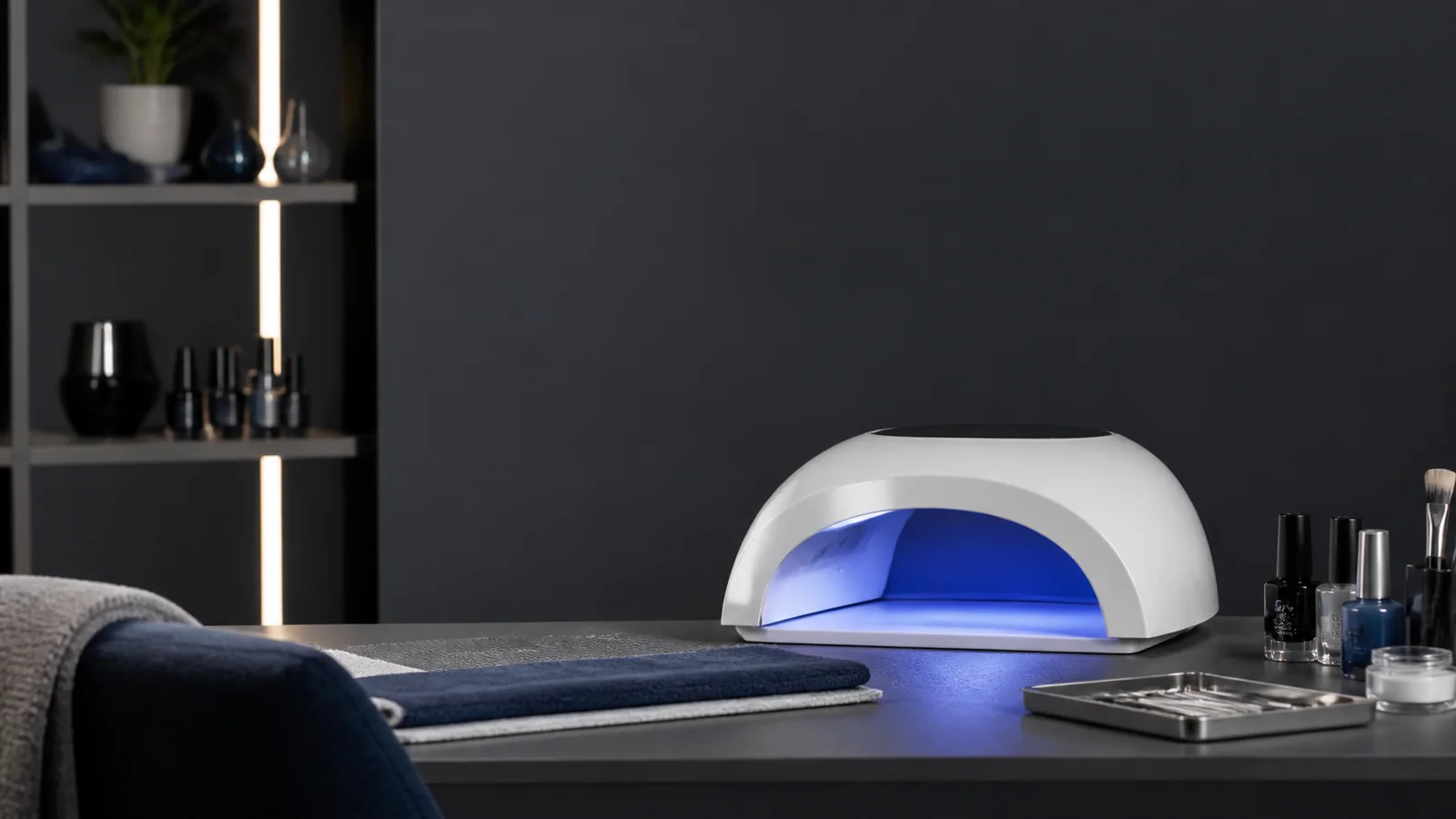 Mise en situation éditoriale d'un station manucure led dans son contexte d'usage professionnel