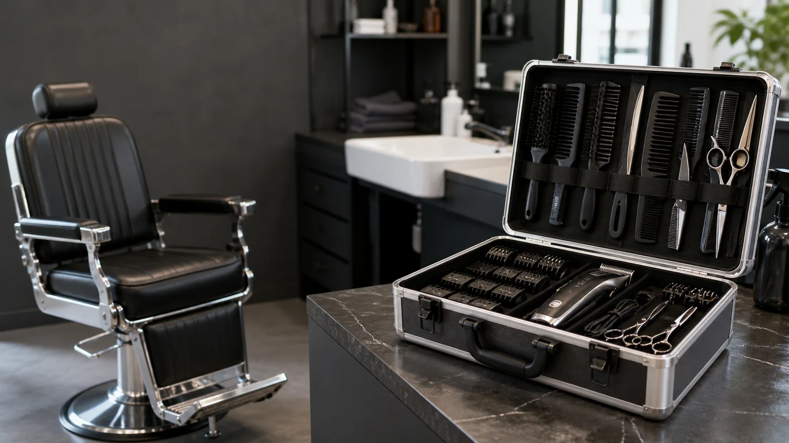 Mise en situation éditoriale d'un mallette coiffeur organisée dans son contexte d'usage professionnel