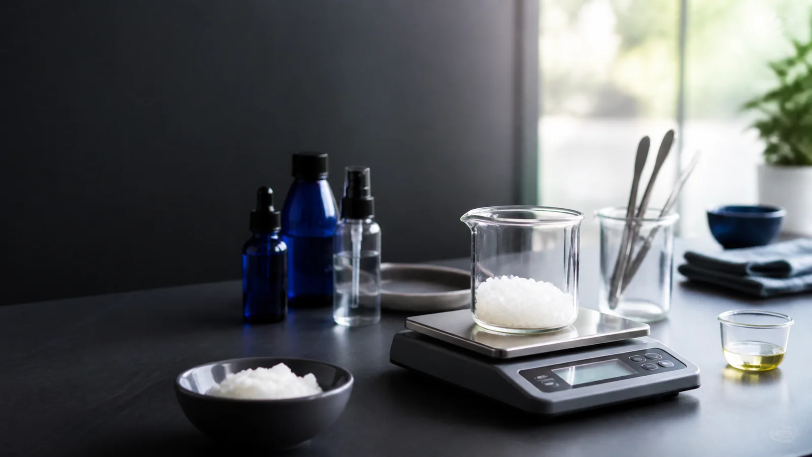 Mise en situation éditoriale d'un balance cosmétique diy dans son contexte d'usage professionnel