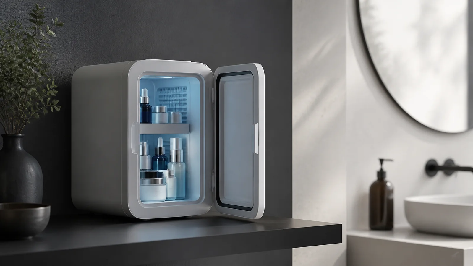 Mise en situation éditoriale d'un boîte skincare réfrigérée dans son contexte d'usage professionnel