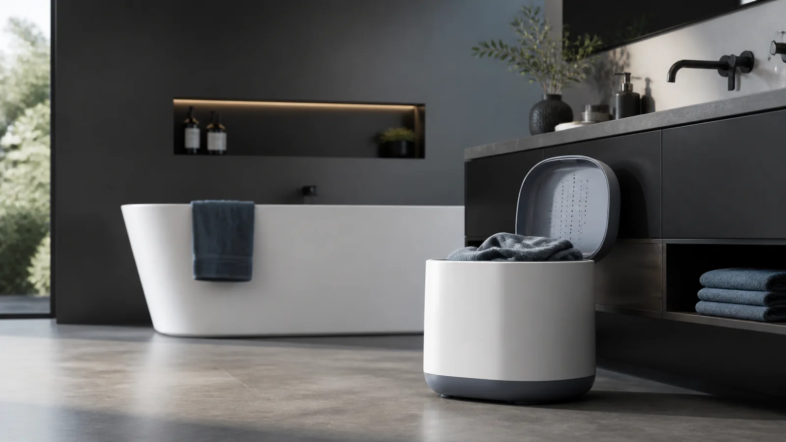 Mise en situation éditoriale d'un chauffe-serviette compact dans son contexte d'usage professionnel
