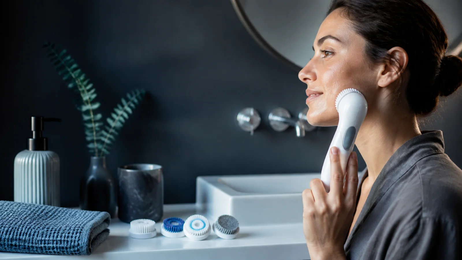 Mise en situation éditoriale d'un brosse nettoyante visage dans son contexte d'usage professionnel