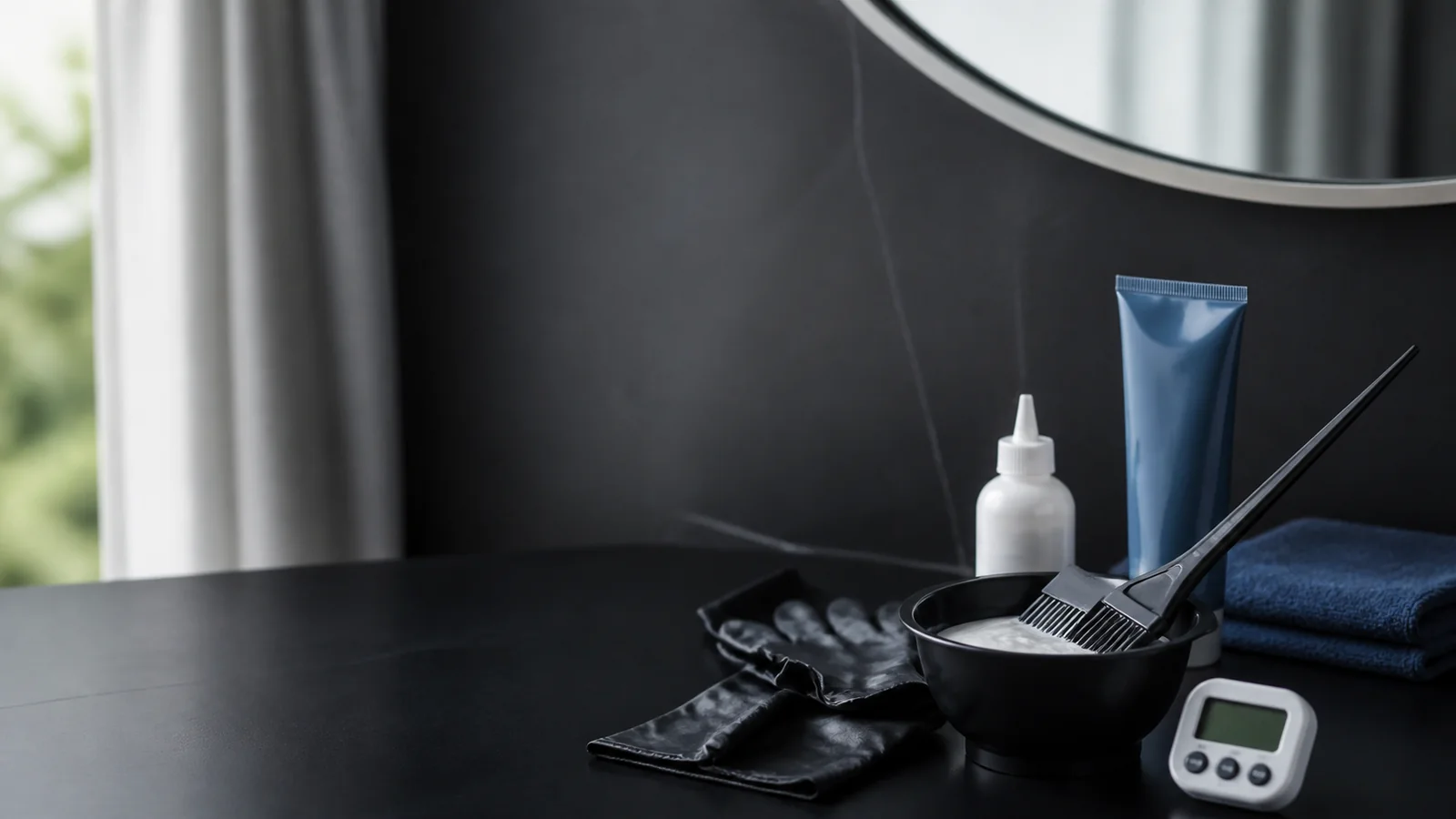 Mise en situation éditoriale d'un kit coloration avec minuteur dans son contexte d'usage professionnel