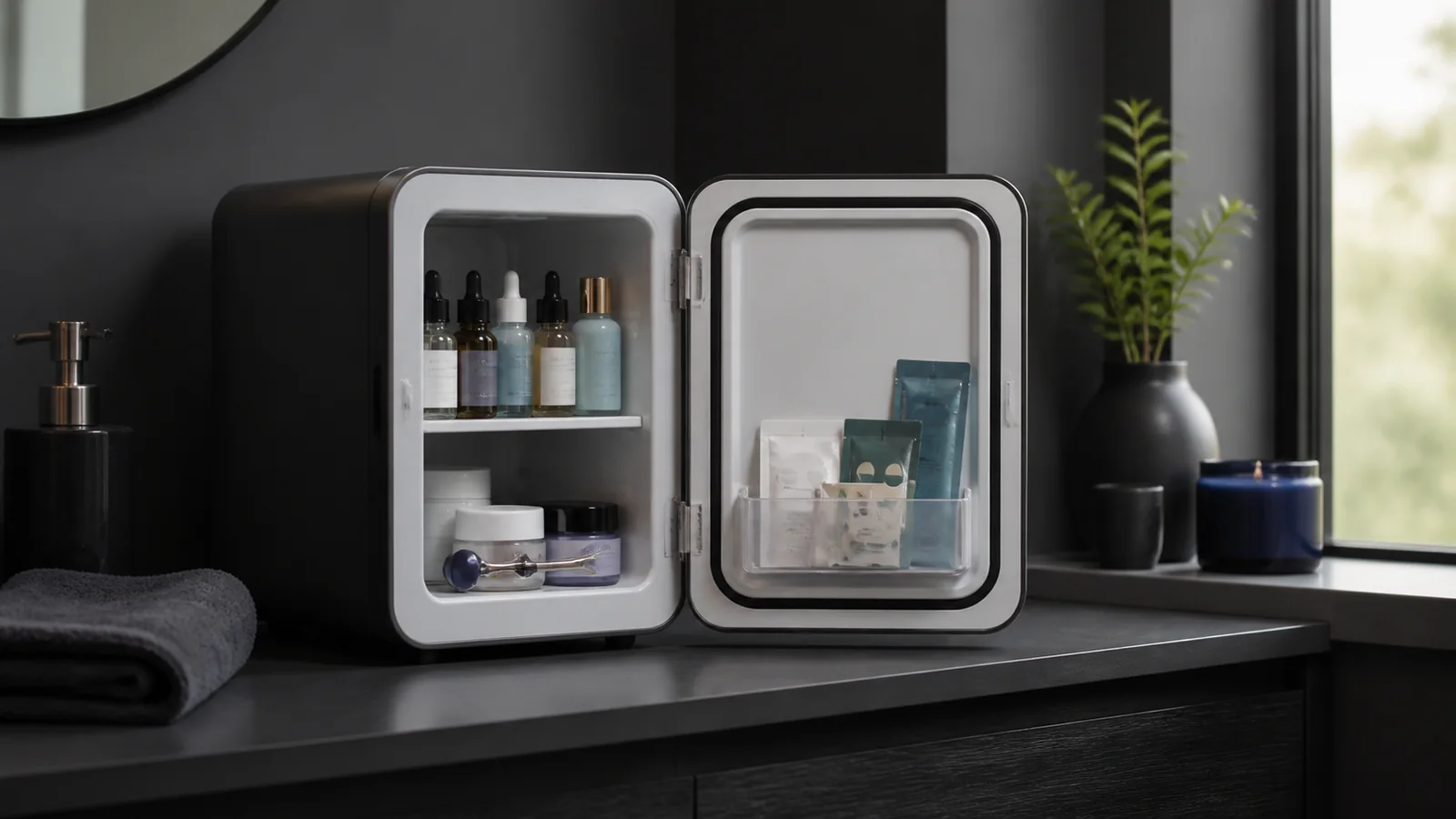 Mise en situation éditoriale d'un mini frigo beauté dans son contexte d'usage professionnel