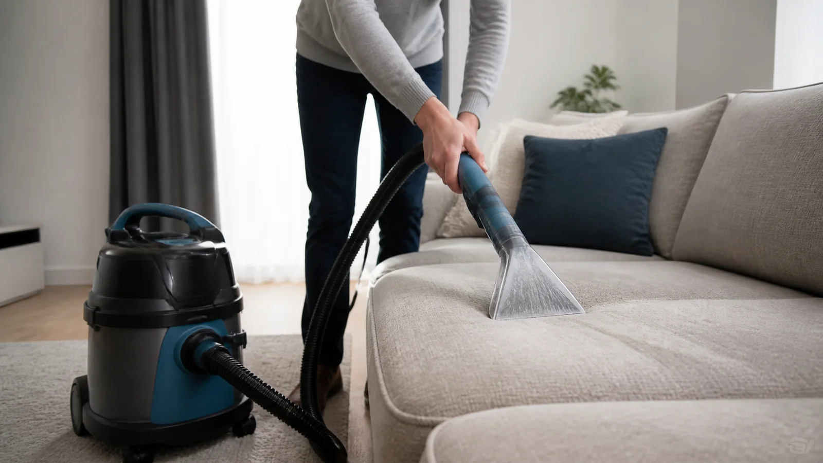 Mise en situation éditoriale d'un aspirateur canapé dans son contexte d'usage professionnel