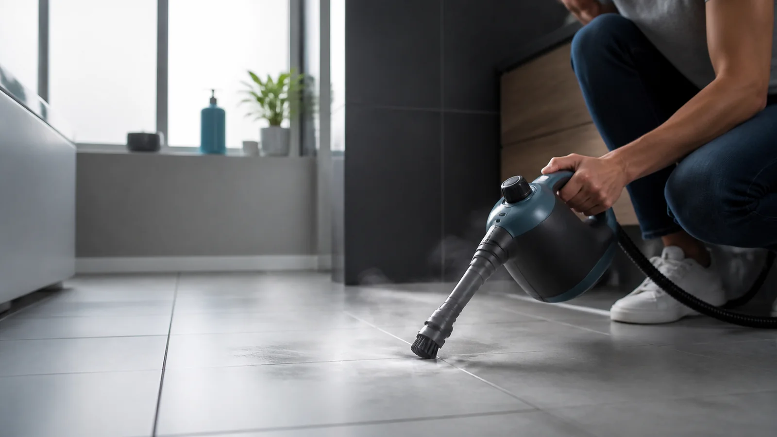 Mise en situation éditoriale d'un nettoyeur vapeur portable dans son contexte d'usage professionnel