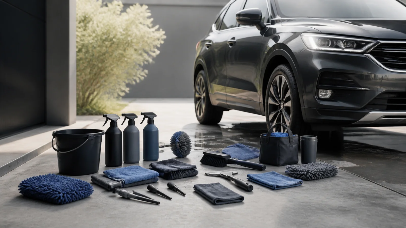Mise en situation éditoriale d'un kit de nettoyage voiture dans son contexte d'usage professionnel