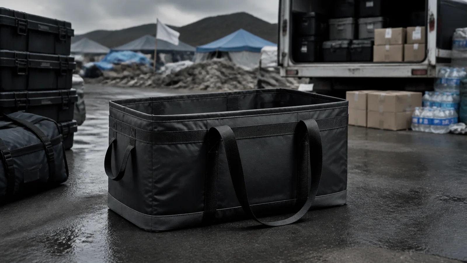 Mise en situation éditoriale d'un sac humanitaire vide dans son contexte d'usage professionnel