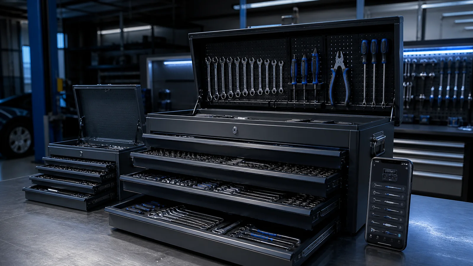 Mise en situation éditoriale d'un caisse à outils avec inventaire dans son contexte d'usage professionnel