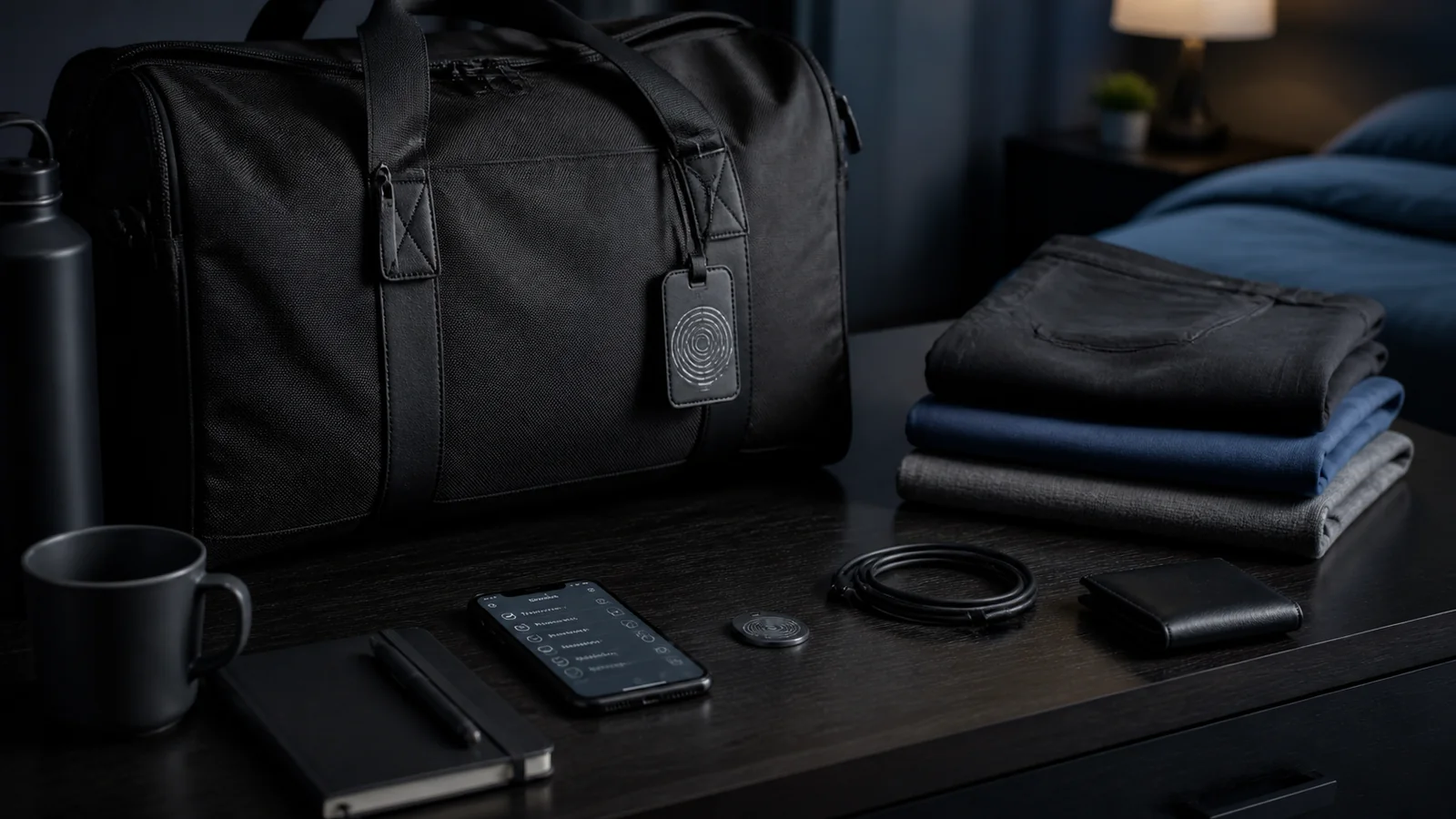 Mise en situation éditoriale d'un sac de voyage avec checklist nfc dans son contexte d'usage professionnel