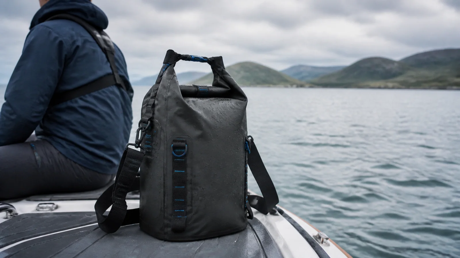 Mise en situation éditoriale d'un sac étanche nautique dans son contexte d'usage professionnel