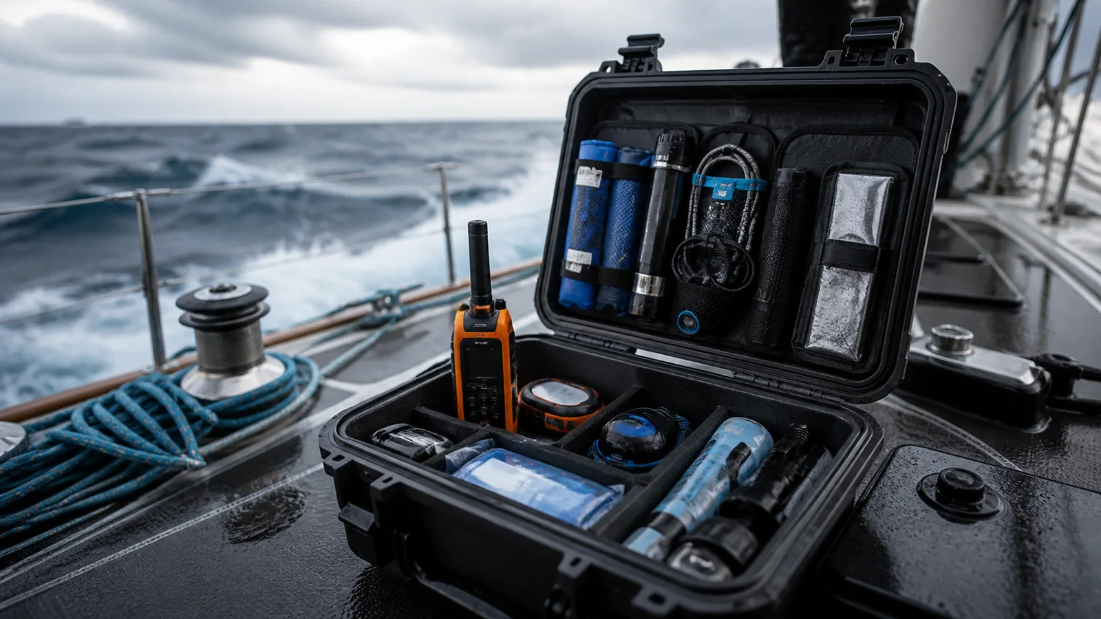 Mise en situation éditoriale d'un kit de survie bateau dans son contexte d'usage professionnel