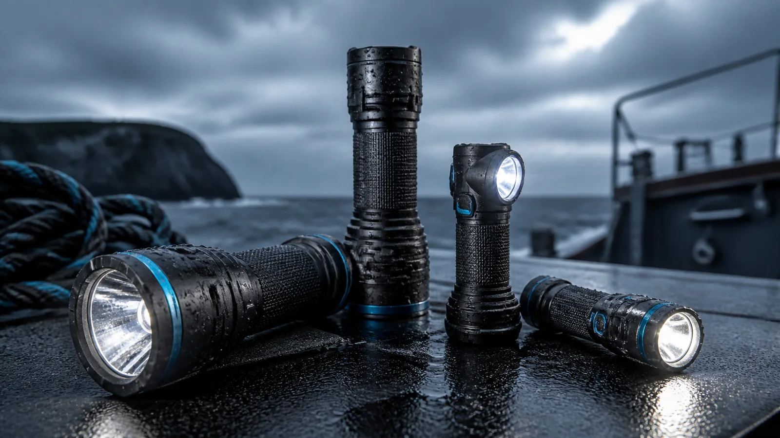 Mise en situation éditoriale d'un lampe étanche dans son contexte d'usage professionnel