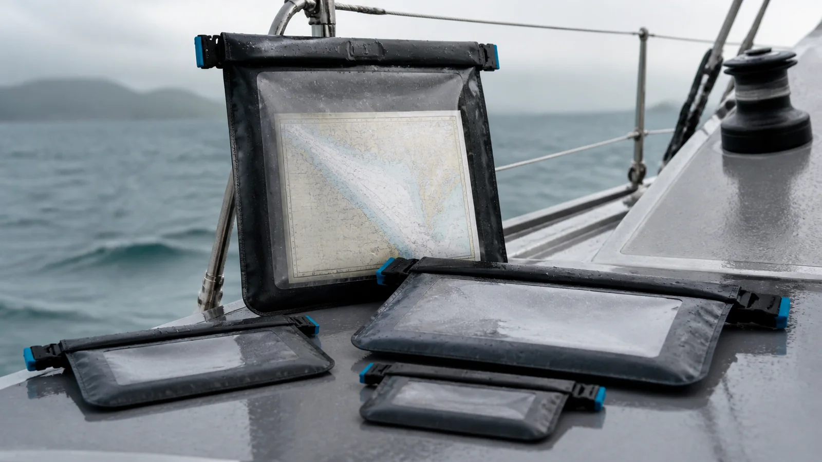 Mise en situation éditoriale d'un pochette étanche pour documents nautiques dans son contexte d'usage professionnel