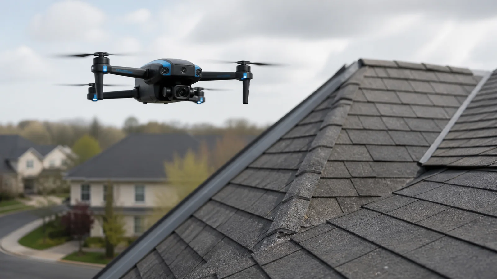 Mise en situation éditoriale d'un drone d’inspection de toiture dans son contexte d'usage professionnel